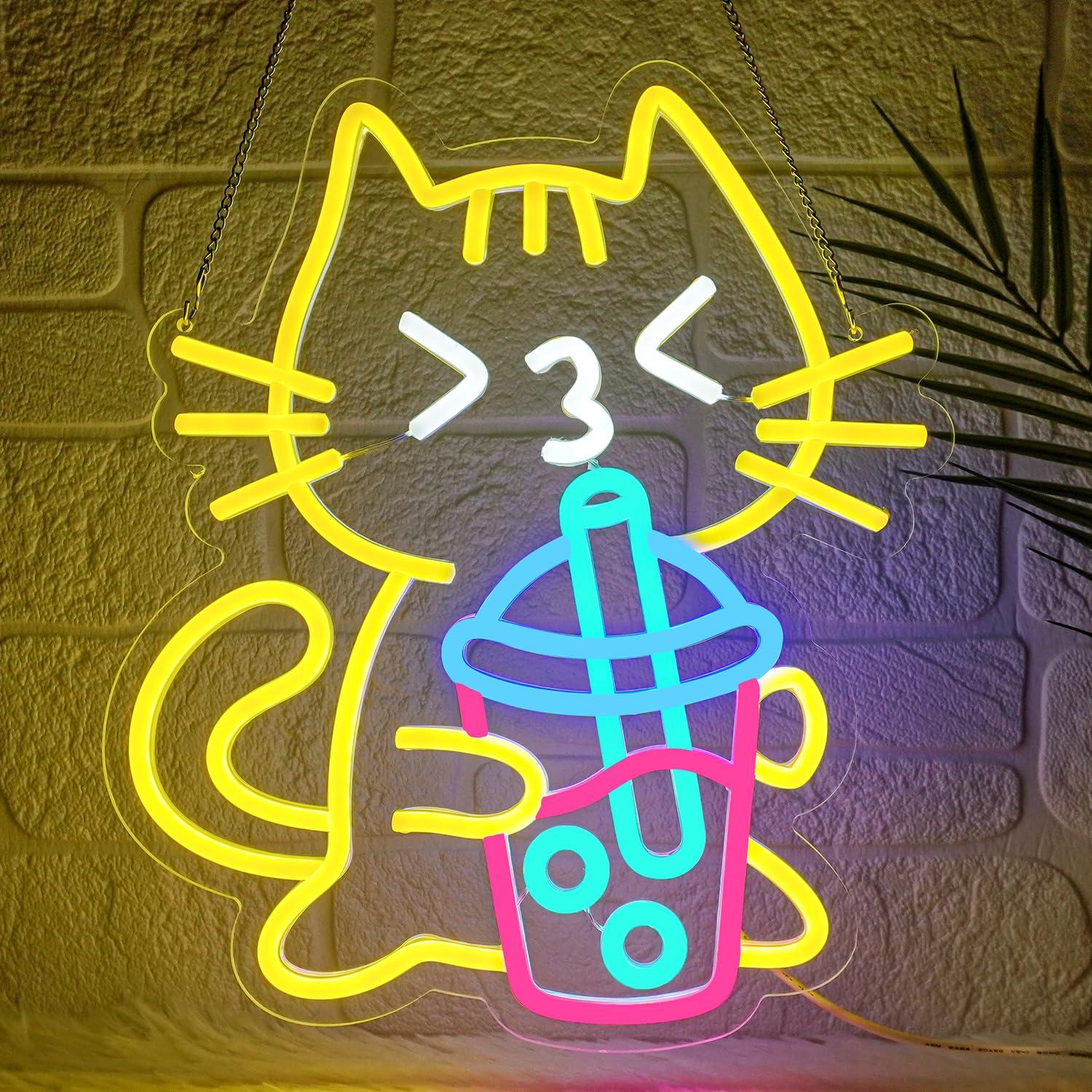 Coffee Tea Neon Sign - Cat Boba Tea Neon Sign Cute